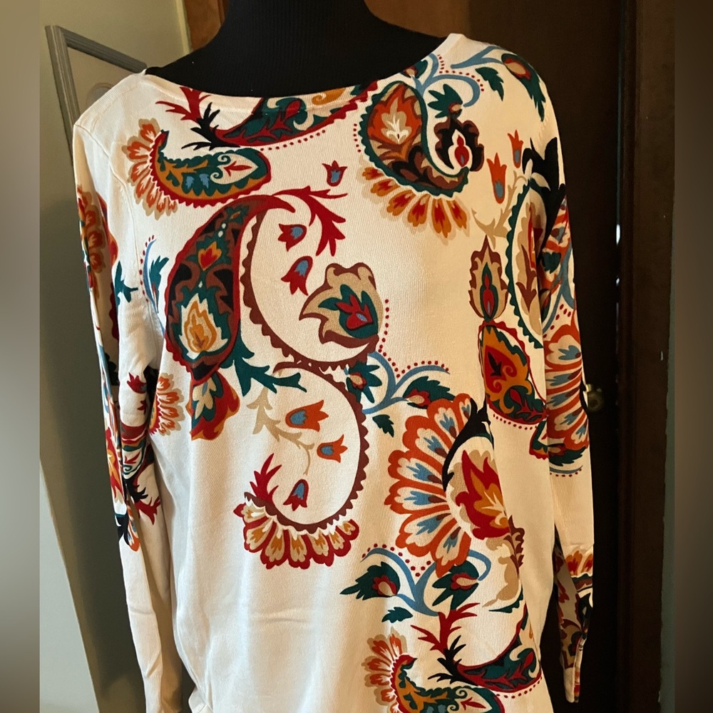 Chicos Floral Vine Paisley Bateau Neck Pullover Sweater Size Large Multi Color